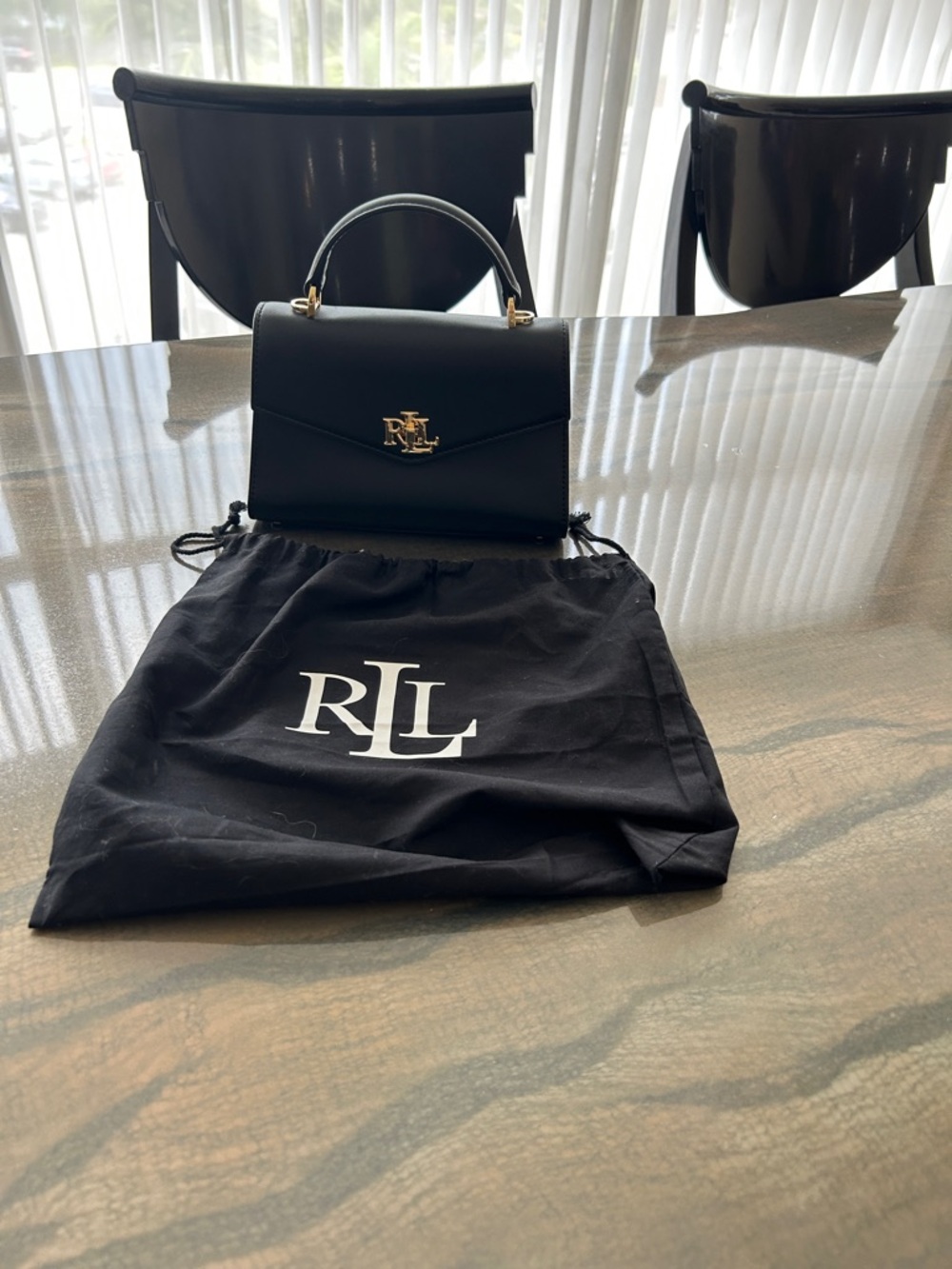 Ralph Lauren Black Leather Mini Top-Handle Bag with Gold RL Emblem